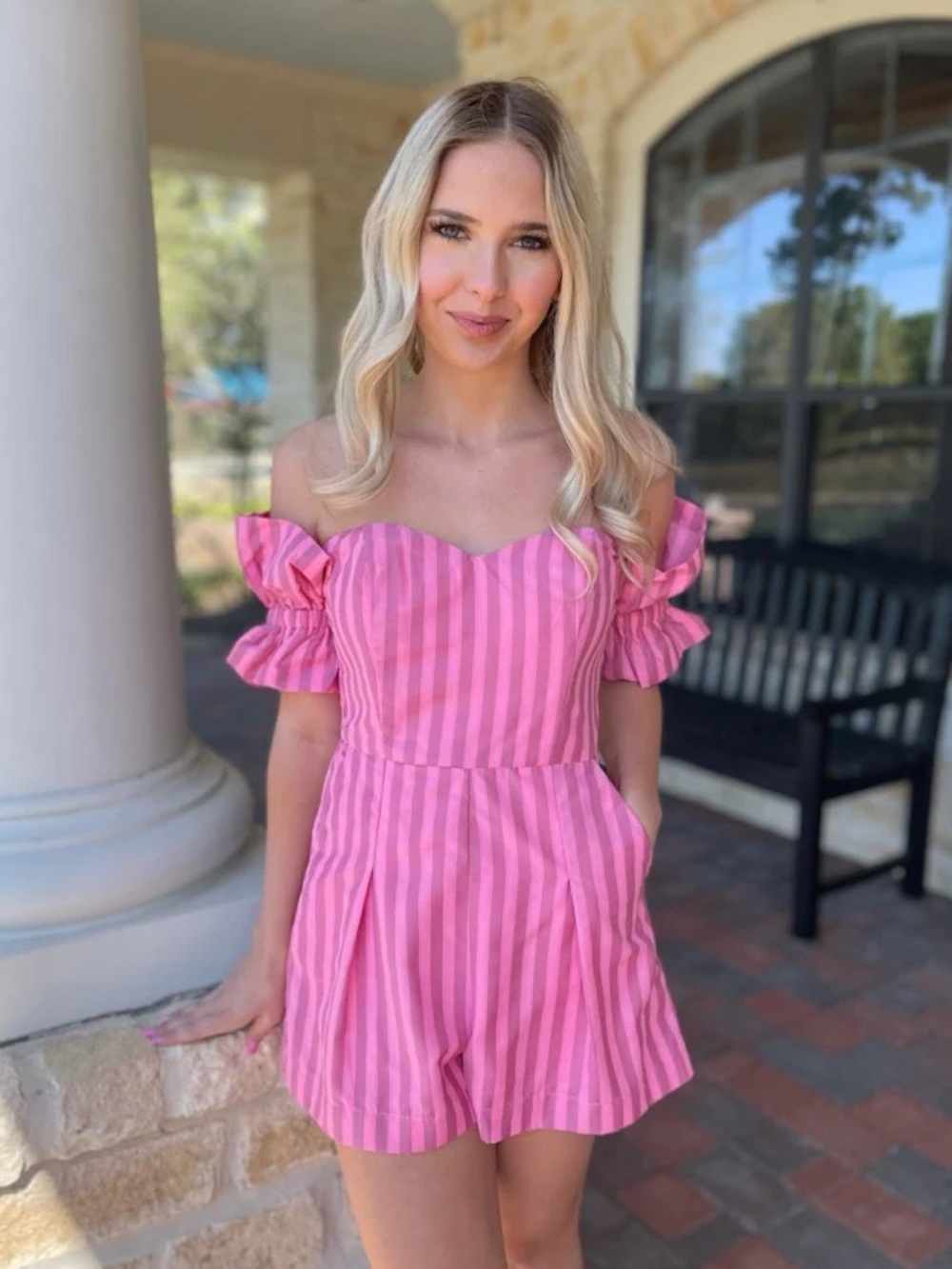 TCCC Flourish & Frills BARBIE STRIPED PINK ROMPER Striped Off-Shoulder Med NWT
